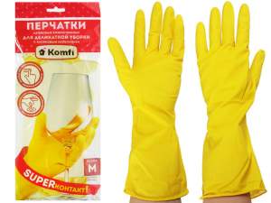 Купить Перчатки латексные Для деликатной уборки с х/б напылением M (желтые) Komfi