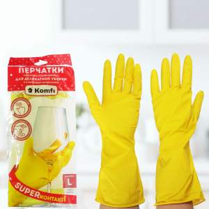 Купить Перчатки латексные Для деликатной уборки с х/б напылением XL (желтые) Komfi